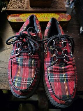 Anarchic Red Plaid Tartan Lace-Up Shoes. Women Size 7. Punk, Rebel, Goth.